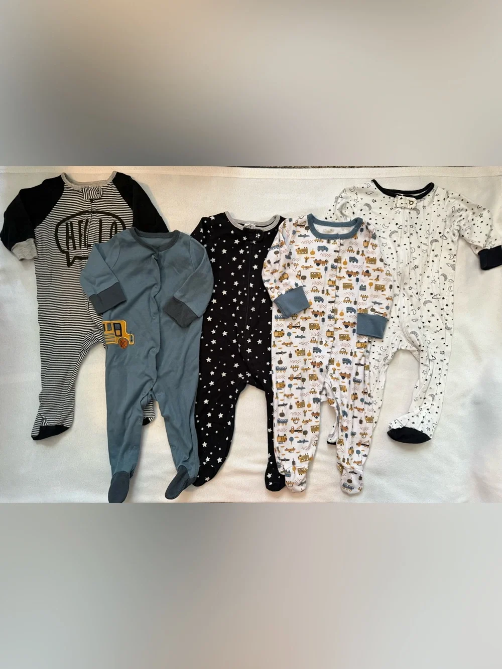 Cute Star & Truck Print One-Piece Sleepers - Black, White, Blue
